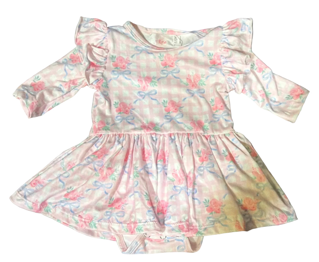 Ribbons & Roses 3/4 Sleeve Flutter Twirl Bodysuit