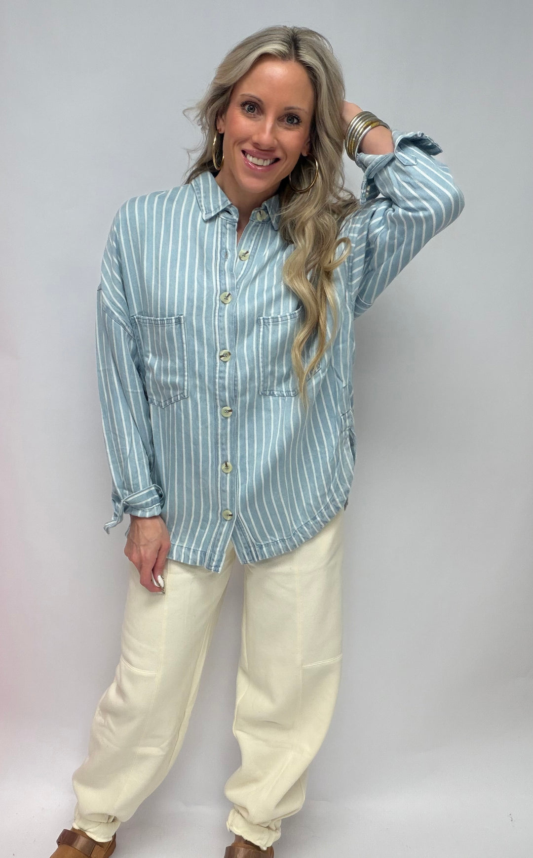 SBS Striped Button Down Shacket