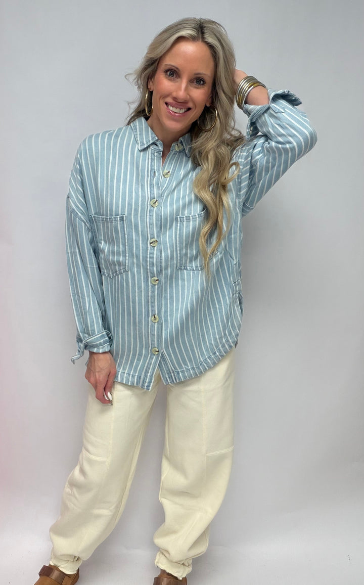 SBS Striped Button Down Shacket