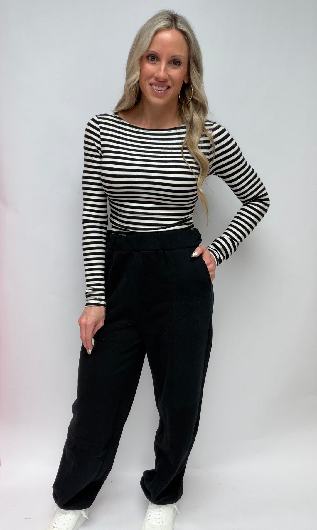SBS Long Sleeve Boat Neck Stripe Rib Top