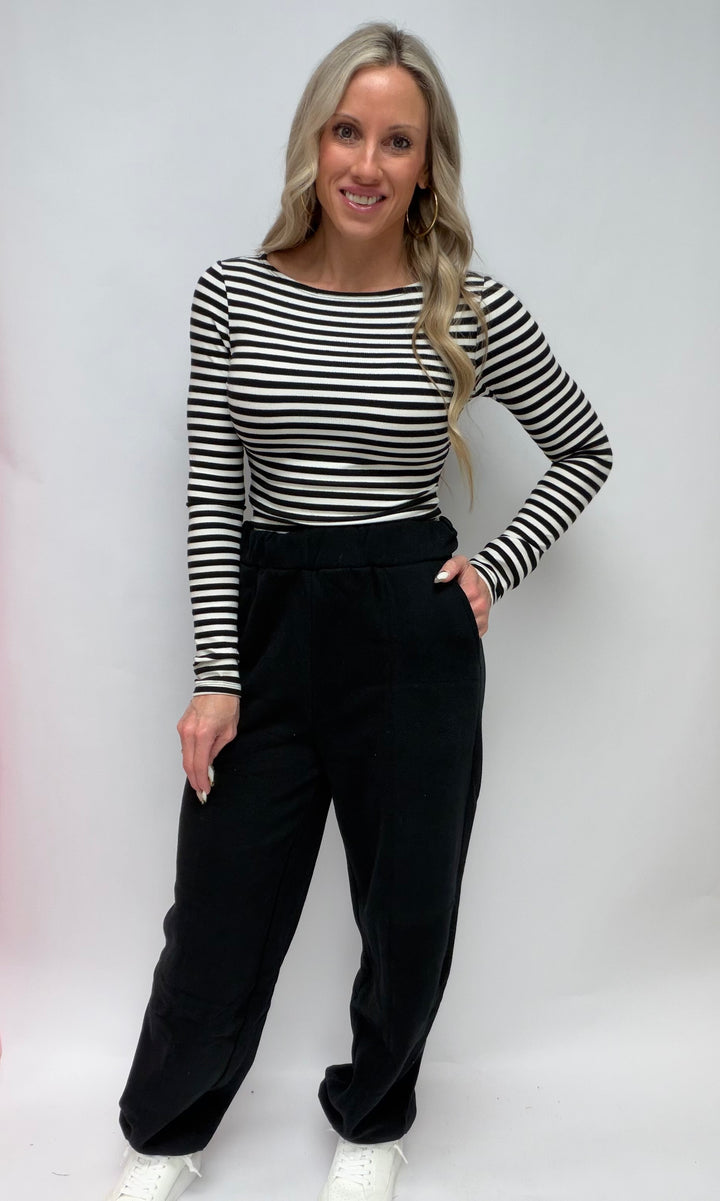 SBS Long Sleeve Boat Neck Stripe Rib Top