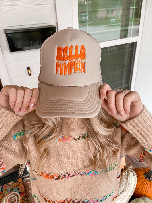 "Hello Pumpkin" Embroidered  Trucker Hat