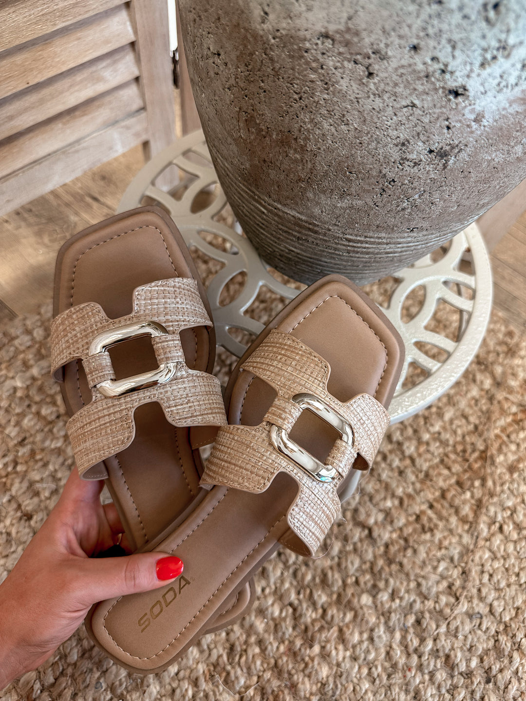 SODA Havana Raffia Buckle Slide Sandal