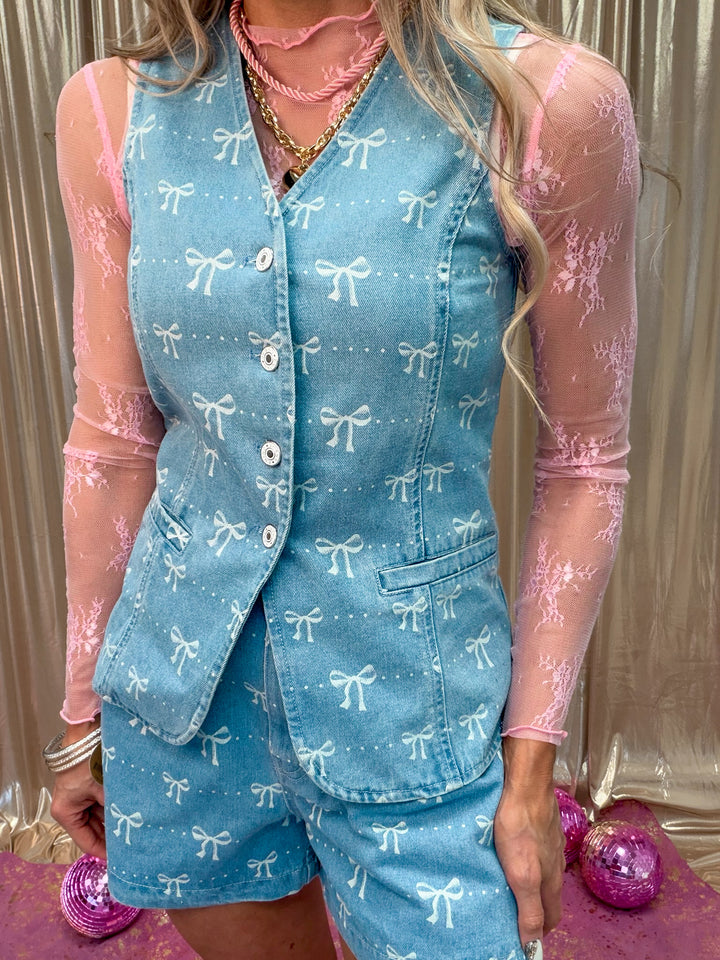 Bow Print Denim Vest