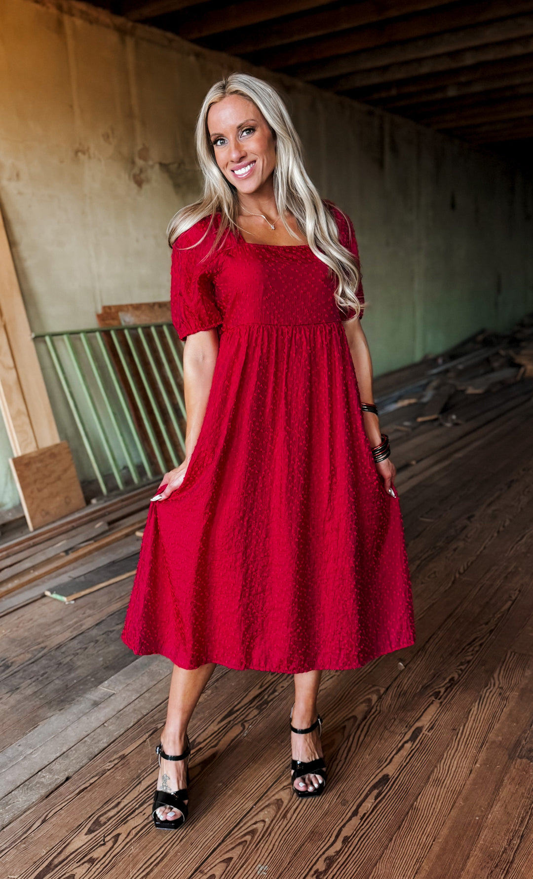 Sweetheart Swiss Dot Dress puff sleeve midi