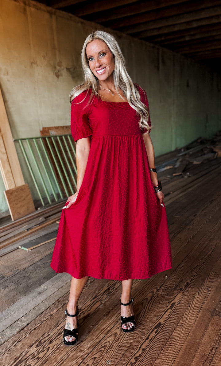 Sweetheart Swiss Dot Dress puff sleeve midi