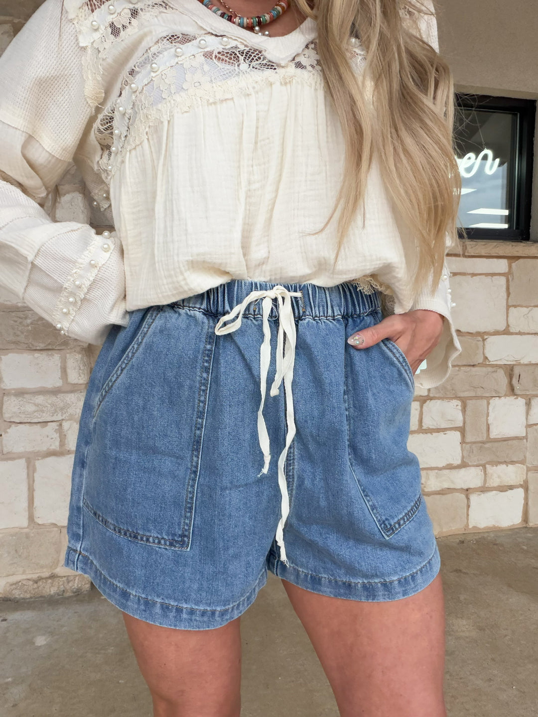 Vineyard Affair Drawstring Denim Shorts