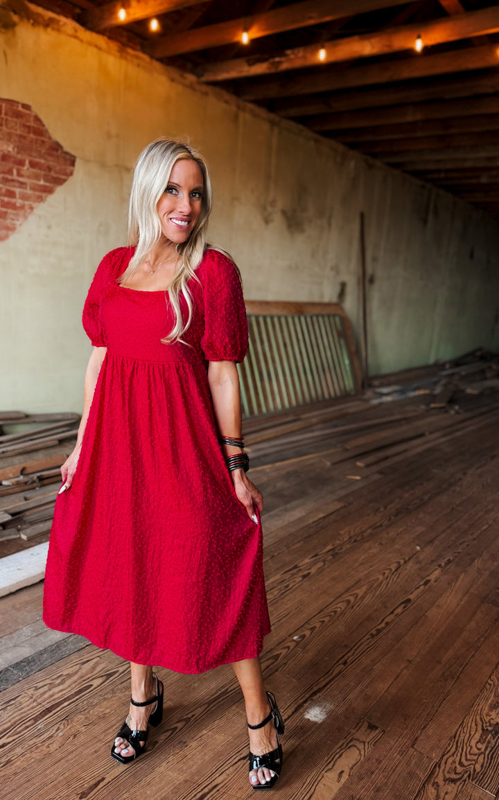 Sweetheart Swiss Dot Dress puff sleeve midi