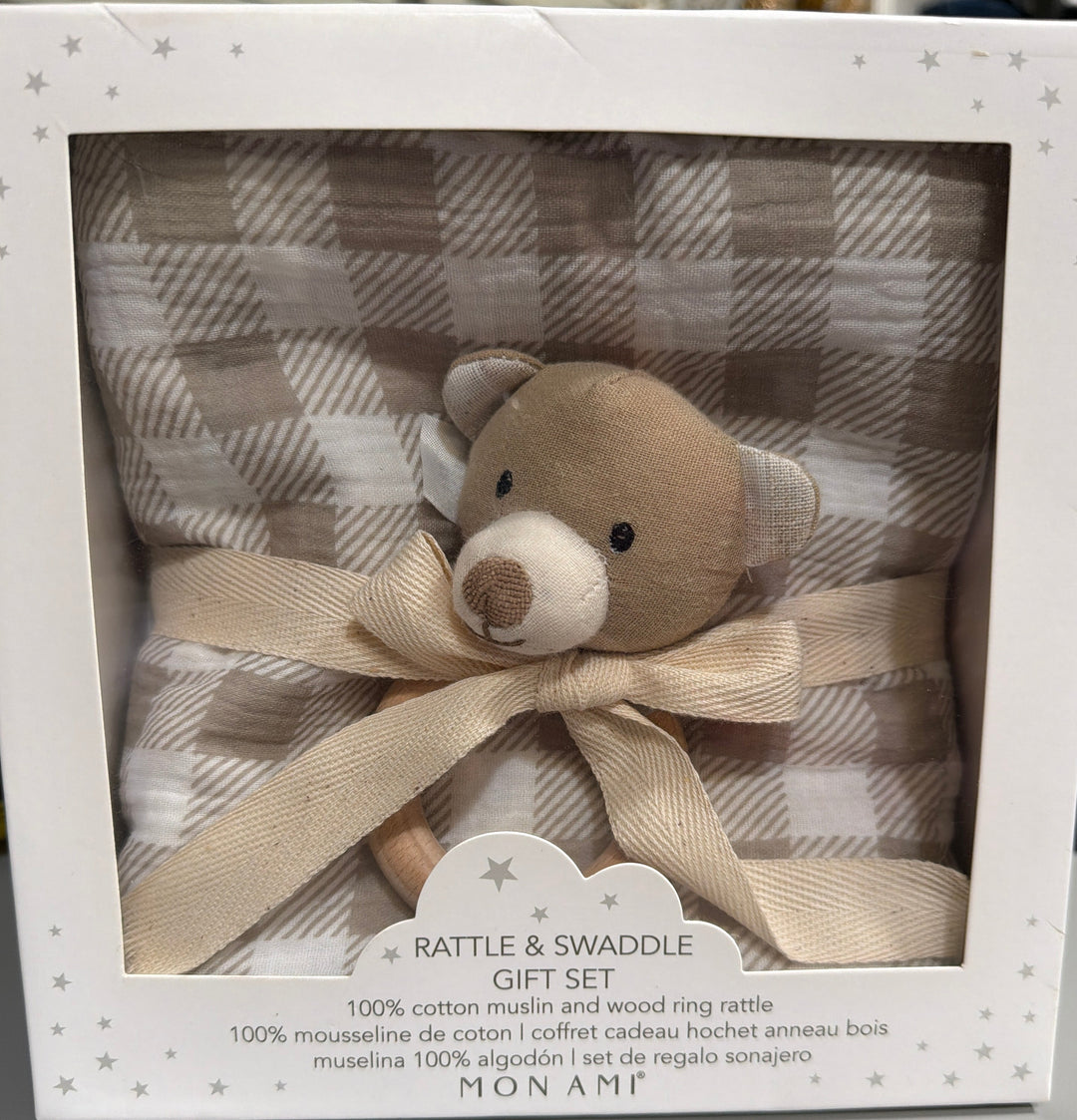 Gingham Muslin Swaddle & Bear Rattle