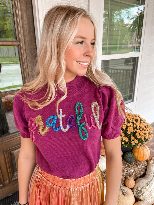 "Grateful" Embroidered Puff Sweater