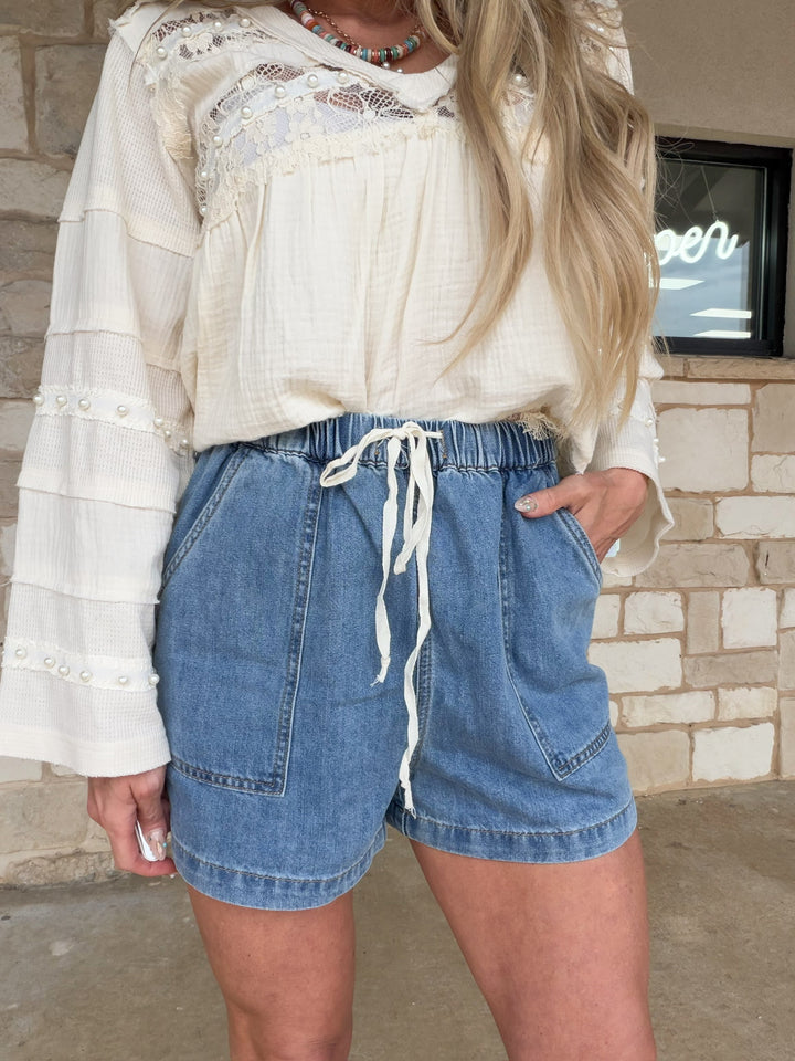 Vineyard Affair Drawstring Denim Shorts