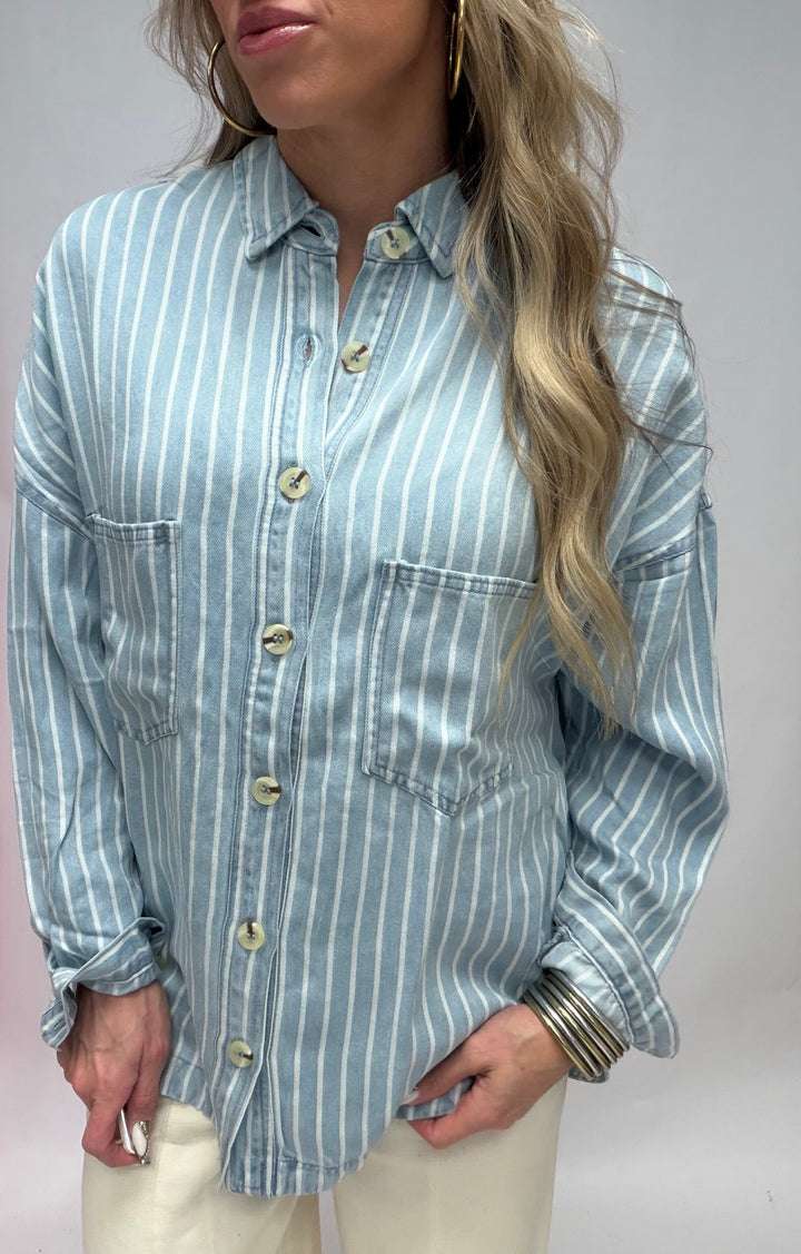 SBS Striped Button Down Shacket
