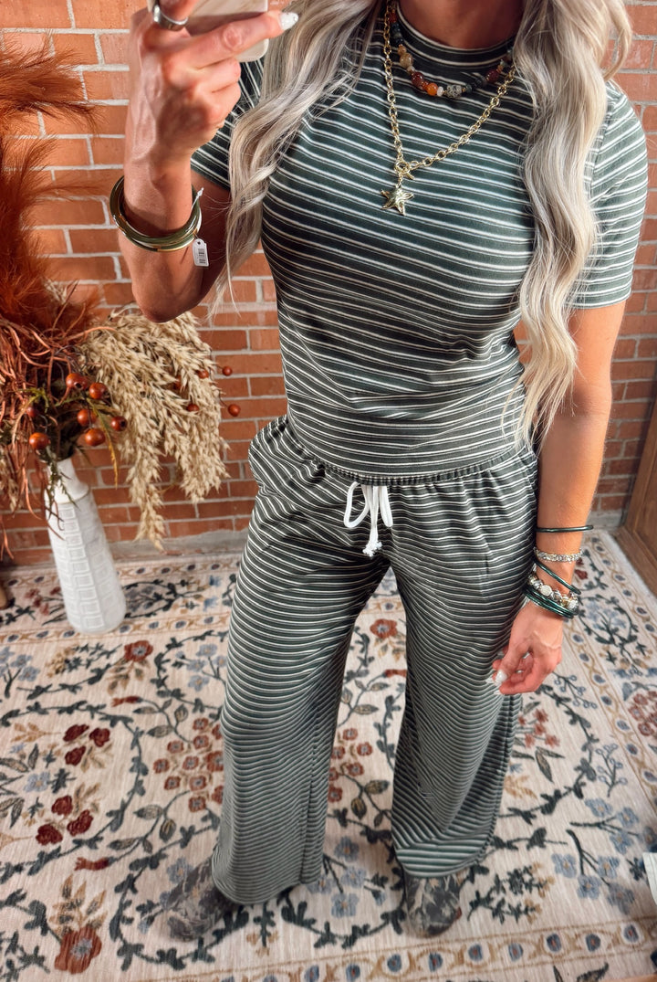 Casually Cute Striped Pant Set - Hunter Green