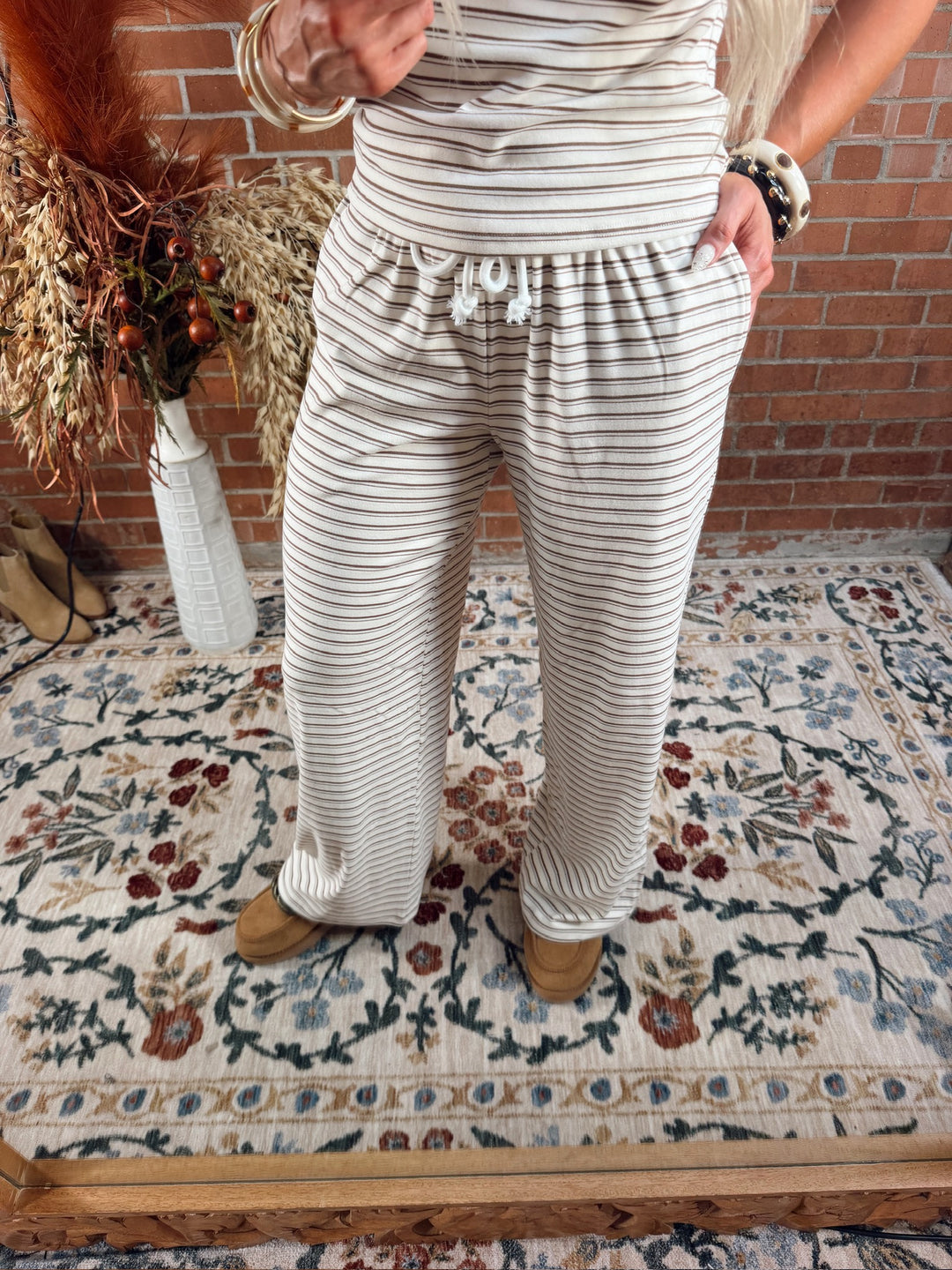 Casually Cute Striped Pant Set - Cream/Brown