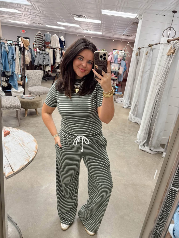 Casually Cute Striped Pant Set - Hunter Green
