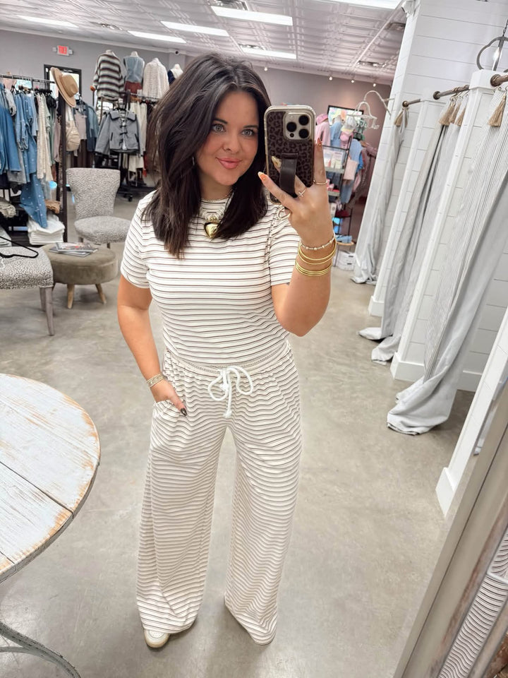 Casually Cute Striped Pant Set - Cream/Brown